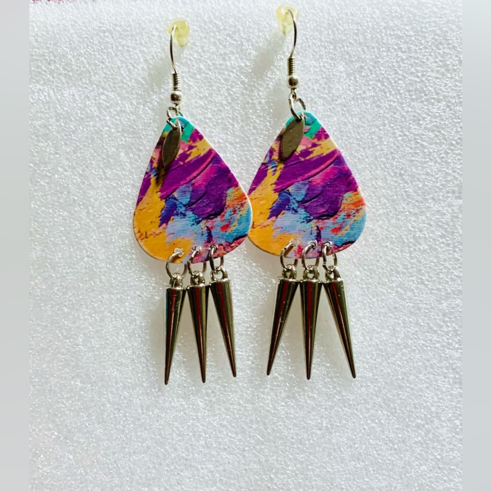 Colorful guitar pick earrings with silver charms
